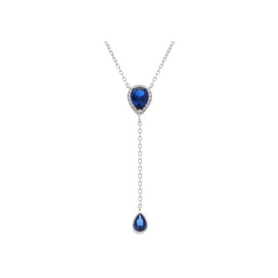 Collier argent rhodié forme cravate goutte oxyde bleu foncé contour oxydes blancs 39+5cm