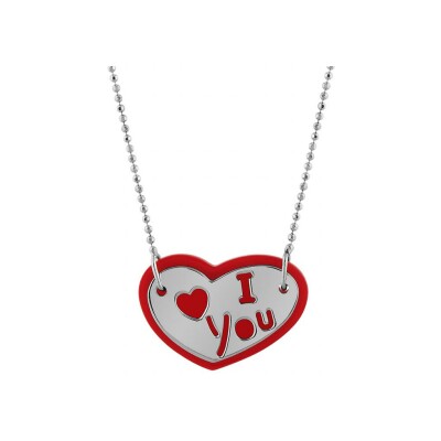 Collier argent rhodié chaîne boules 1 coeur résine rouge 1 coeur love 43+3cm