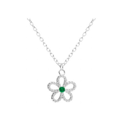 Collier argent rhodié pendentif fleur ajourée oxyde vert 39+4cm