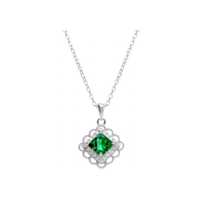Collier argent pendentif carré oxyde vert contour oxydes blancs sertis 39+4cm