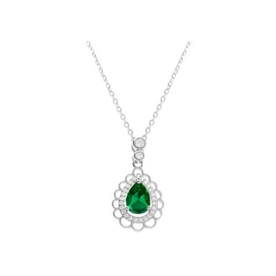 Collier argent rhodié goutte oxyde vert et contour oxydes blancs sertis et dentelle 40+4cm