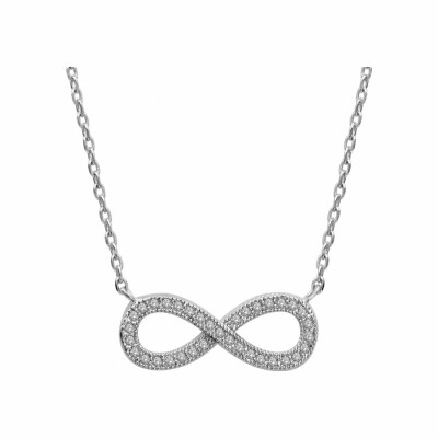 Collier réglable en argent rhodié, forme infini, pierres blanches synthétiques, 44cm