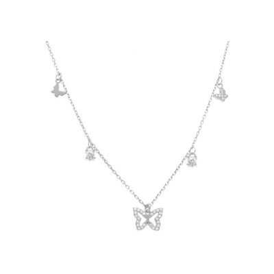Collier argent rhodié pampilles papillons oxydes blancs sertis 40+5cm