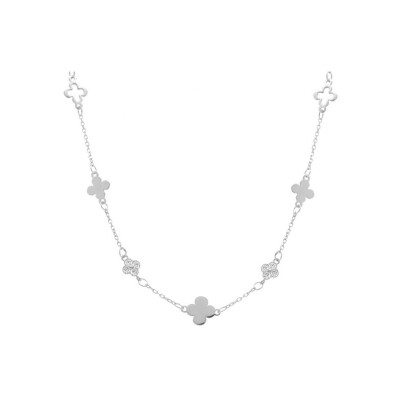 Collier argent rhodié trèfles lisses et avec oxydes blancs 40+5cm