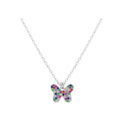 Collier argent rhodié papillon oxydes multi couleurs sertis 40+5cm