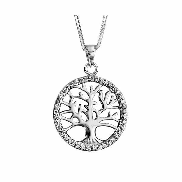 Collier argent rhodié arbre de vie oxydes blancs sertis 42+3cm