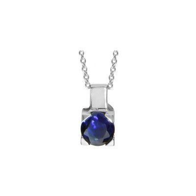 Collier argent rhodié pendentif avec nacre blanche et pierre ronde bleu fonce synthétique 42+cm
