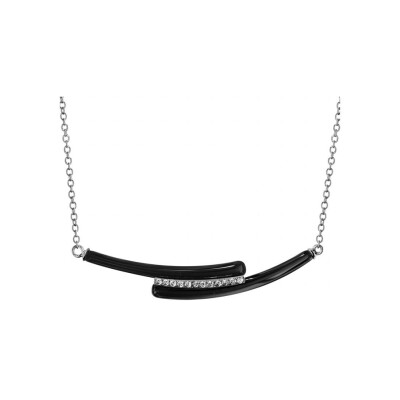 Collier argent rhodié 2 baguettes céramique noire et barette oxydes blancs sertis 42+3cm