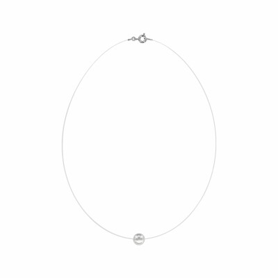 Collier argent rhodié fil nylon perle blanche synthétique 8mm 42cm