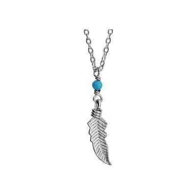 Collier argent rhodié pendant plume boule turquoise synthétique 37,5+4cm