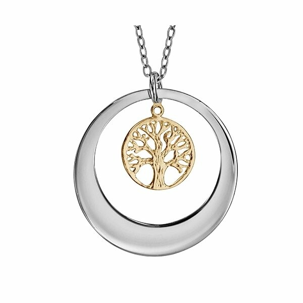 Collier argent rhodié rondelle avec arbre de vie dorure jaune 40+5cm
