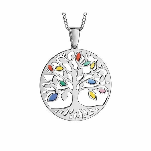 Collier argent rhodié pendentif arbre de vie résine multi couleurs 42+3cm