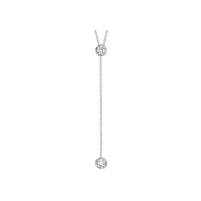 Collier argent rhodié forme cravate 2 ronds oxydes blancs sertis clos 41+5cm