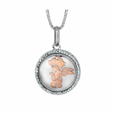 Collier argent rhodié pendentif rond nacre blanche ange dorure rose 42+3cm
