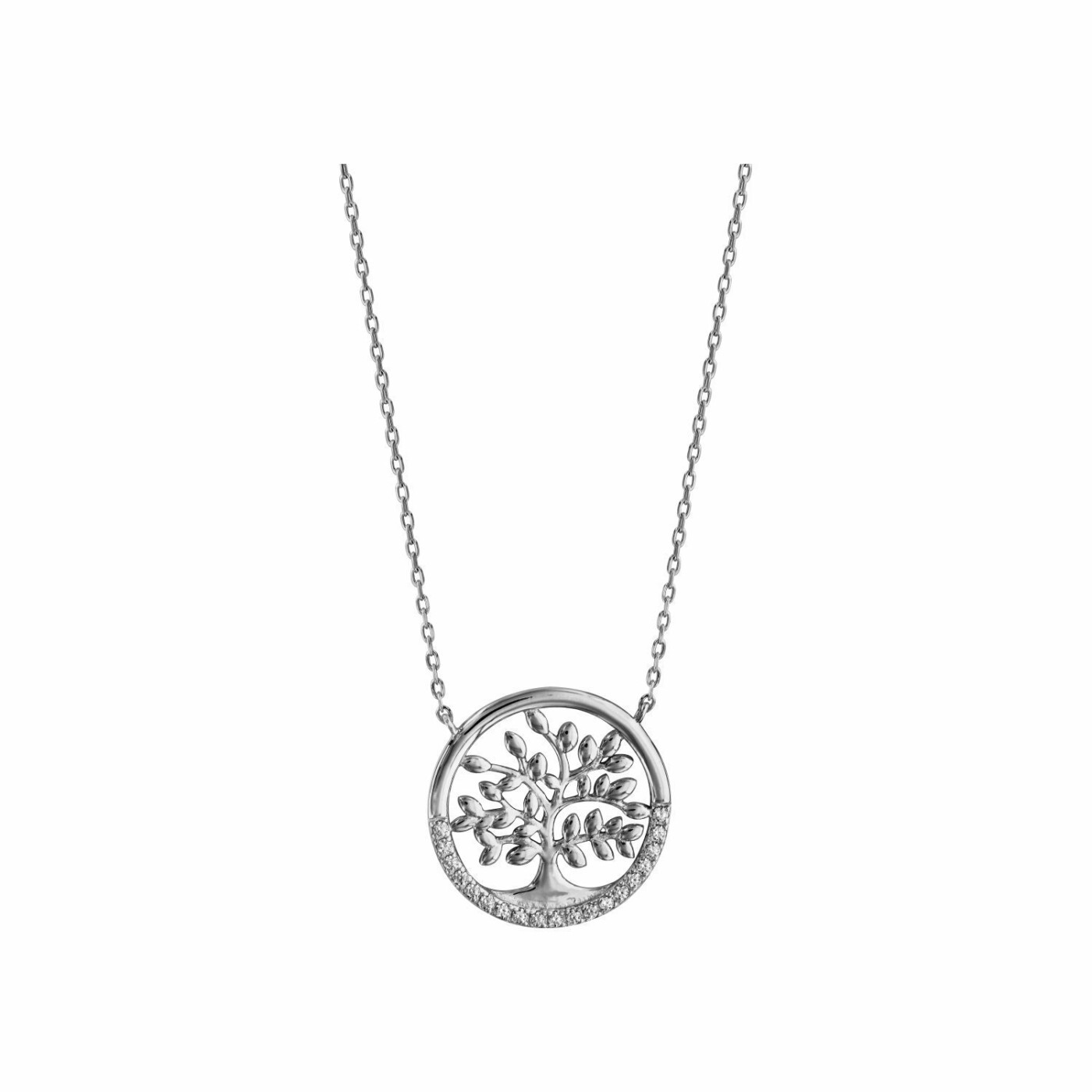 Collier argent rhodié arbre de vie oxydes blancs sertis 40+5cm