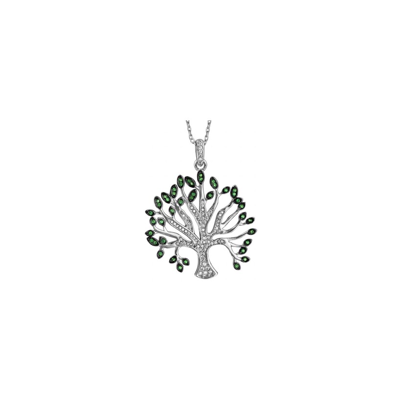 Collier argent rhodié massif arbre de vie oxydes blancs et verts sertis 40+5cm