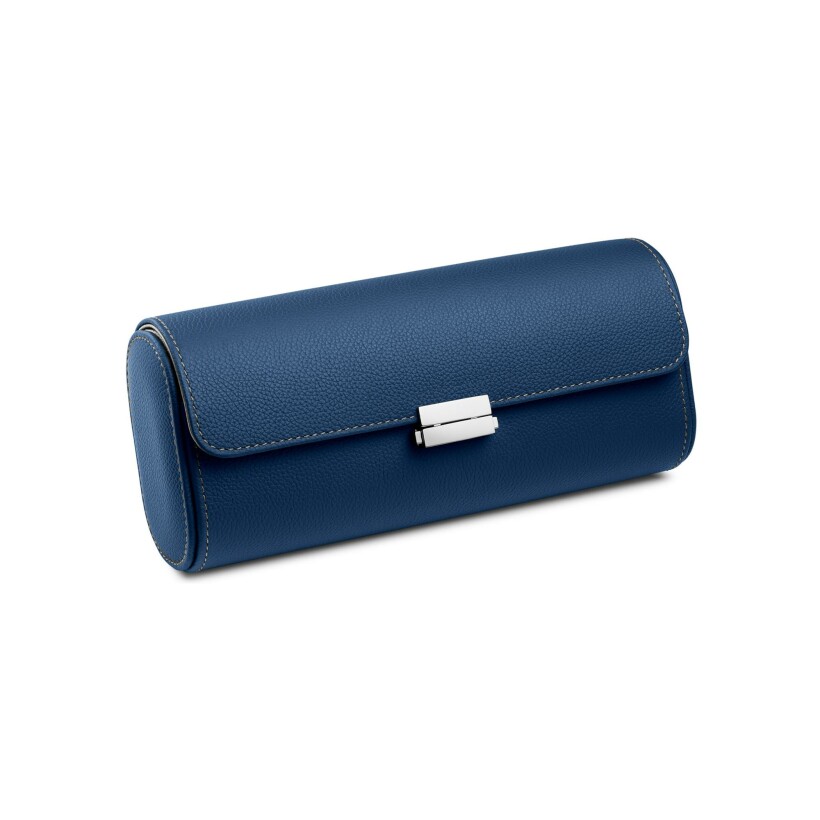 Etui de voyage Scatola del Tempo pour 4 montres, en cuir bleu et blanc cassé