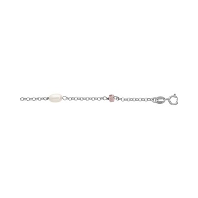 Chaîne de cheville en argent, quartz rose et perle d'eau douce