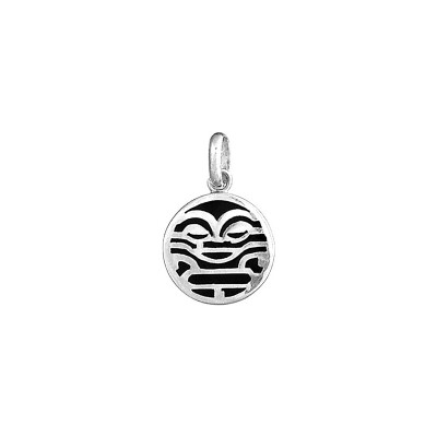 Pendentif rond motif Polynesien fond Noir en argent rhodié