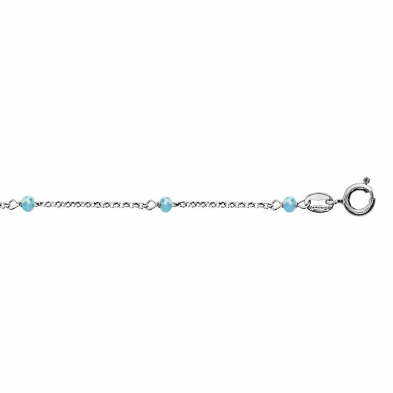 Chaîne de cheville en argent rhodié et perles de verre facettées bleues claires, 26cm
