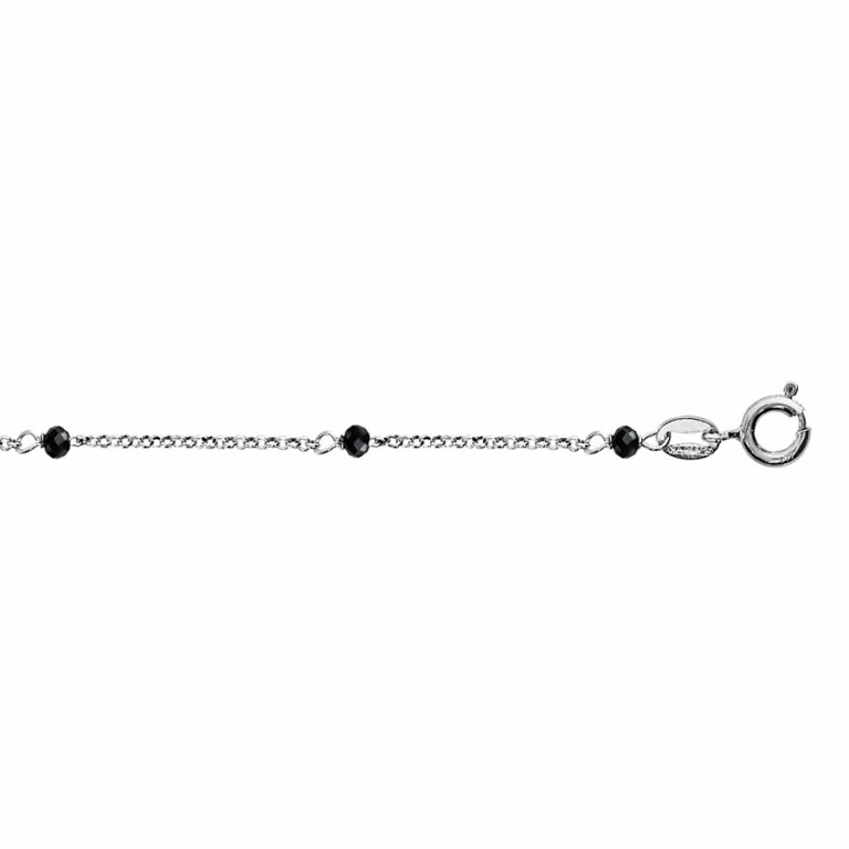 Chaîne de cheville en argent rhodié et perles de verre facettées noires, 26cm
