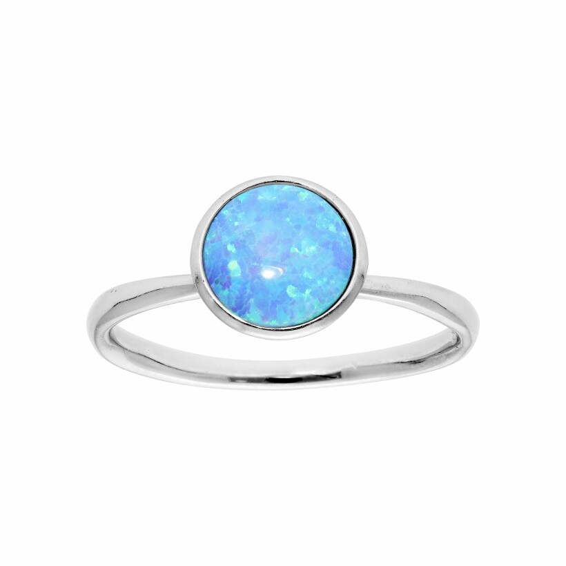 Bague argent rhodié opale bleue ronde véritable