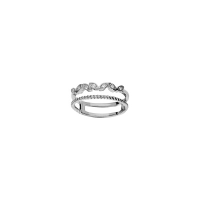 Bague double torsade en argent rhodié et oxydes de zirconium, taille 56