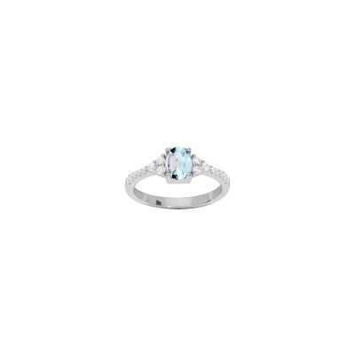 Bague en argent rhodié, topaze bleue et oxydes de zirconium, taille 54