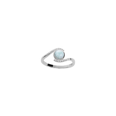 Bague en argent rhodié, larimar bleu et oxydes de zirconium, taille 54