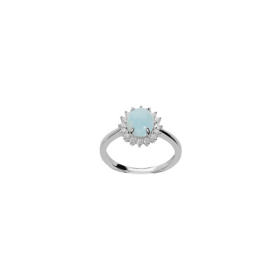 Bague en argent rhodié, larimar bleu et oxydes de zirconium, taille 56