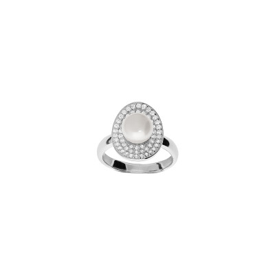 Bague en argent rhodié, perle d'eau douce 8mm et oxydes de zirconium, taille 54