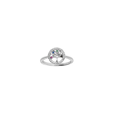 Bague arbre de vie en argent rhodié, pierres de couleurs et oxydes de zirconium