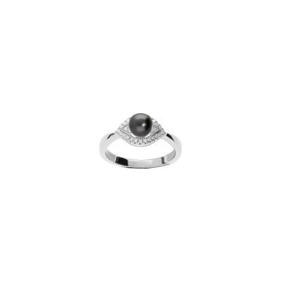 Bague en argent rhodié, perle de Tahiti 7mm et oxydes de zirconium