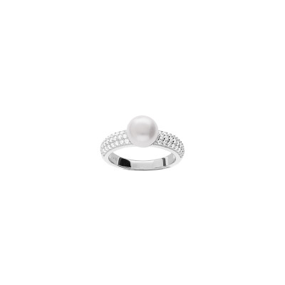 Bague en argent rhodié, perle d'eau douce et oxydes de zirconium