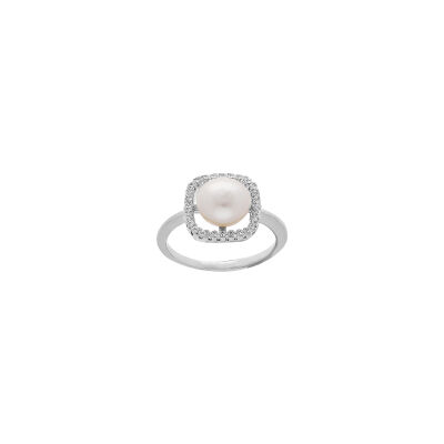 Bague en argent rhodié, perle d'eau douce et oxydes de zirconium, taille 56