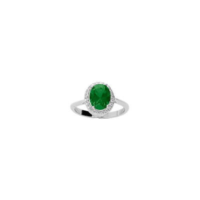 Bague en argent rhodié, pierre verte et oxydes de zirconium, taille 56