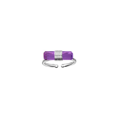 Bague réglable en argent rhodié et améthyste, taille 56