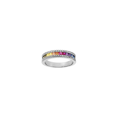 Bague en argent rhodié, pierres de couleurs et oxydes de zirconium, taille 54