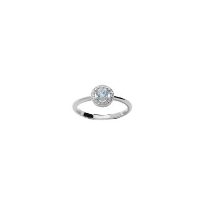 Bague en argent rhodié, topaze bleue et oxydes de zirconium, taille 56