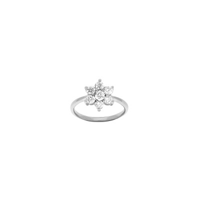 Bague fleur marguerite en argent rhodié et oxydes de zirconium, taille 54