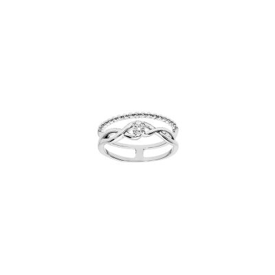 Bague double croisée en argent rhodié et oxydes de zirconium, taille 54