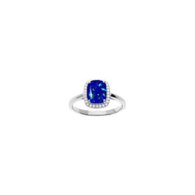 Bague en argent rhodié, opale bleu d'imitation et oxydes de zirconium