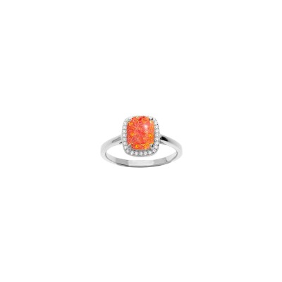 Bague en argent rhodié, opale orange d'imitation et oxydes de zirconium
