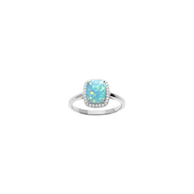 Bague en argent rhodié, opale turquoise d'imitation et oxydes de zirconium
