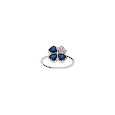 Bague trèfle et coeur en argent rhodié et oxydes de zirconium, taille 54