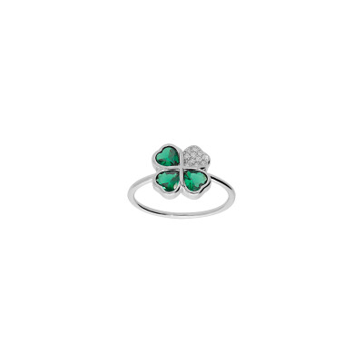 Bague trèfle et coeur en argent rhodié et oxydes de zirconium, taille 54