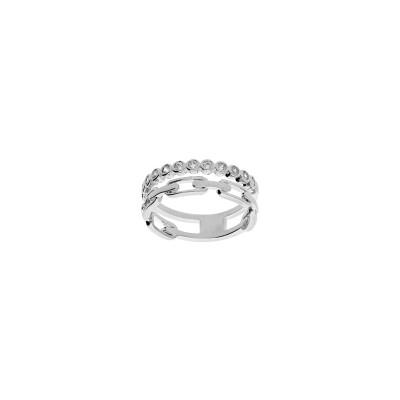 Bague 2 rangs maille rectangulaire en argent rhodié et oxyde de zirconium, taille 56