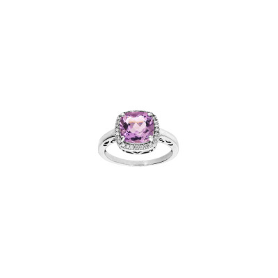 Bague en argent rhodié, améthyste et oxydes de zirconium, taille 56