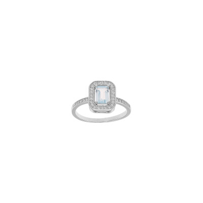 Bague en argent rhodié, topaze bleue et oxydes de zirconium