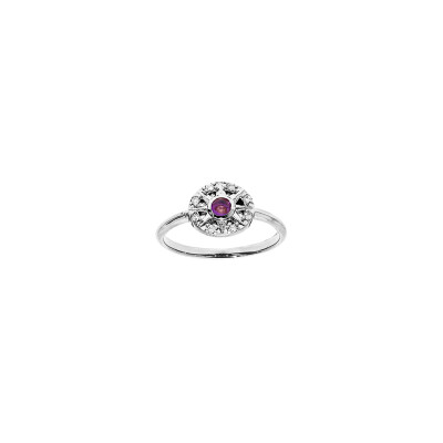 Bague en argent rhodié, améthyste et oxydes de zirconium